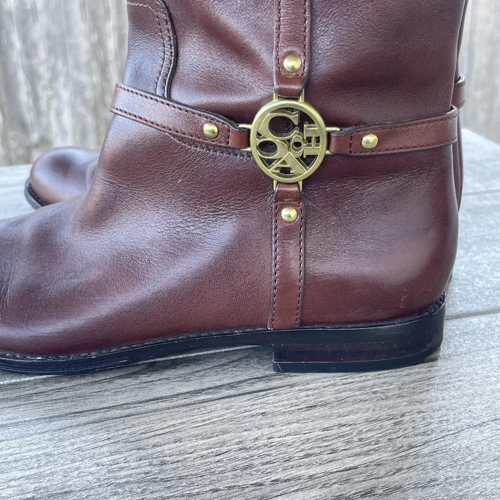 Coach Mulan‎ Tall Riding Boots Women 7B Brown Leather Logo Harness Equestrian